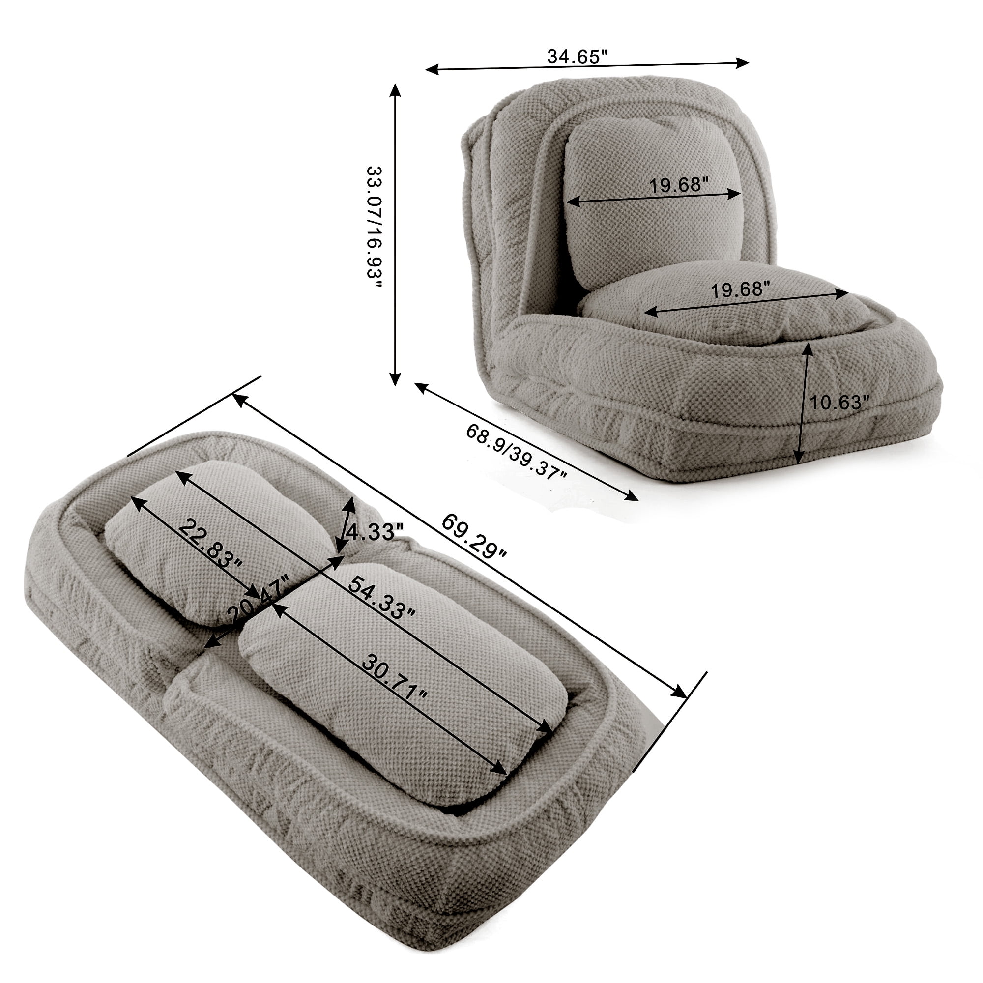 Aukfa Fold Lazy Sofa Bed,Floor Chair Small Couch with 5 Adjustable for Living Room, Gray
