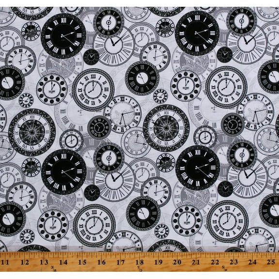 Cotton Clocks Time Vintage-Look Black Clocks on White Cotton Fabric Print by the Yard (1121-3068WHITE)