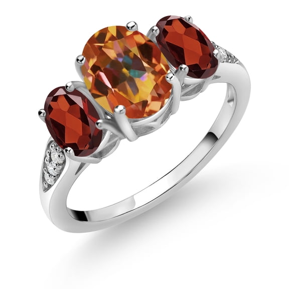 Gem Stone King 10K White Gold Ecstasy Mystic Topaz Red Garnet and White Lab Grown Diamond 3 Stone Engagement Ring for Women (2.68 Cttw, Gemstone Birthstone, Size 9)