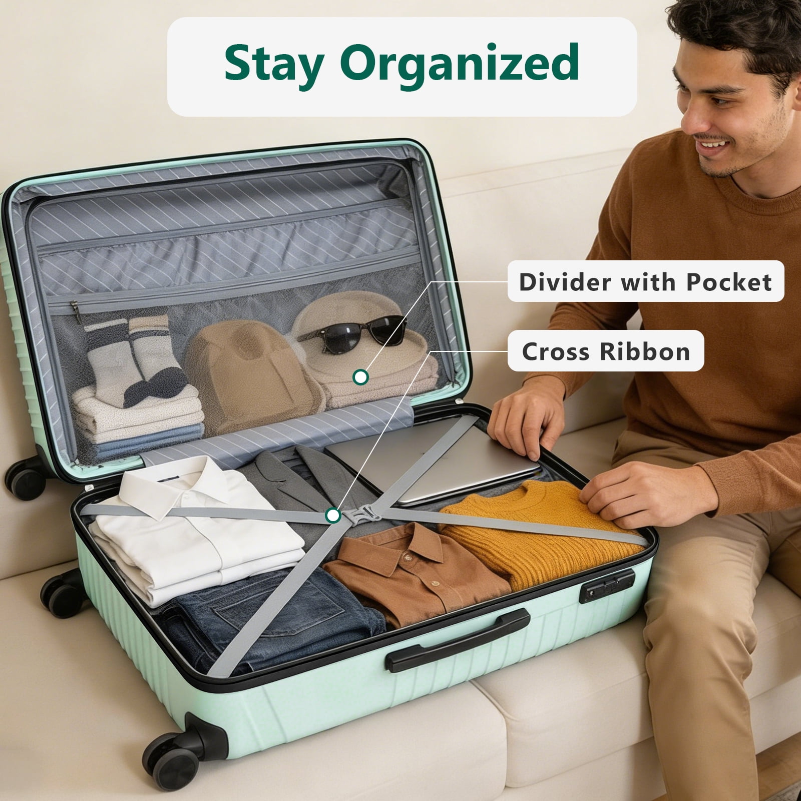 WASUHE 28" Hardside Large Checked Expandable Luggage,Hardshell Suitcase With Divider Pockets,Four 360-Spinner Wheels,Expandable For Up to 15% More Space,With Scratch-Resistant Surface,Green