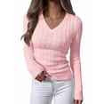 thumbnail image 2 of Women Long Sleeve Cable Knit Sweater Fall Fashion V Neck Fitted Pullover Business Casual Fall Outfits Pink M, 2 of 10