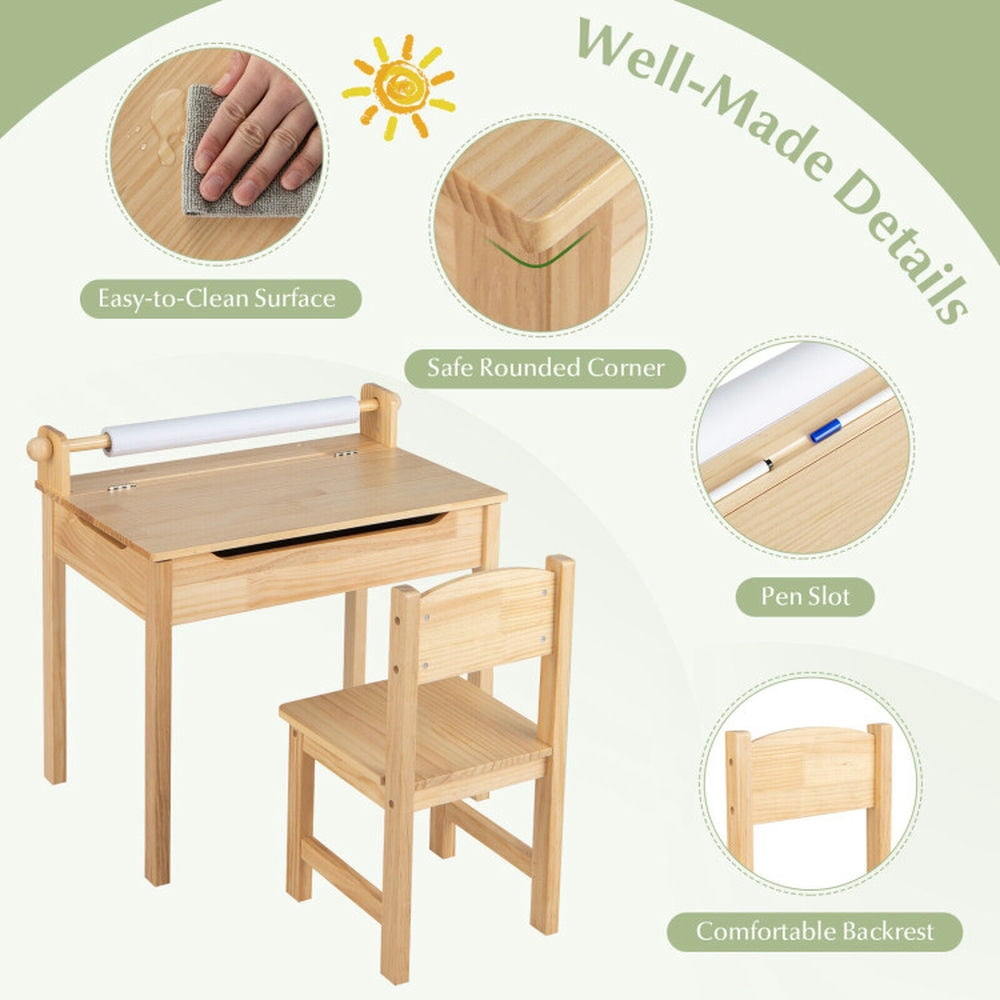 Kadyn Children Kids Table Chair Set,Children Playroom Table Chair Set,Toddler Multifunctional Activity Table and Chair Set with Paper Roll Holder-Natural