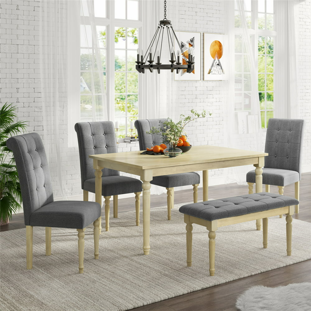 6 Piece Dining Table Set with Tufted Bench, Wood Rectangular Table and