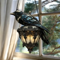 Gothic Home Decor Crow Light, Raven Gothic on Lantern 2D Acrylic Suncatcher, Ornament â Stained Glass Halloween Crow on Lamp, Halloween Decor for Dark Academia Home