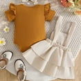 thumbnail image 5 of Baby Girl Clothes 6-9 Months Baby Girl Summer Skirt Set Newborn Overall Dress Bow Ruffle Sleeve Ribbed Romper Suspender Skirts 3Pcs Outfits,Coffee, 5 of 6