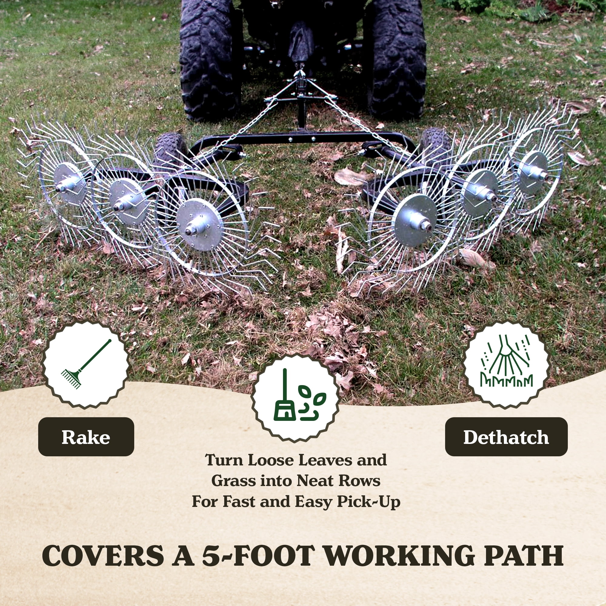 Yard Tuff 60” Steel Tow Behind Acreage Rake Lawn Sweeper with Pin Style Hitch, ACR-500T