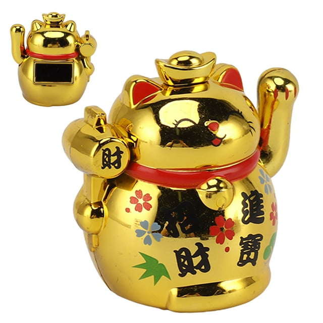 Cute Cat Fortune Ornament 2 Inch, Plastic, Auto Waving With Built In Solar Panel, Compact Size For Desk, Window, Car, Home Decor