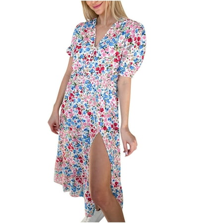 

Dresses for Women 2022 Sexy Women s Summer Fashion Casual V Neck Printing Button Short Sleeve Split Hem Dress Wedding Guest Dresses for Women Corset Dress for Women