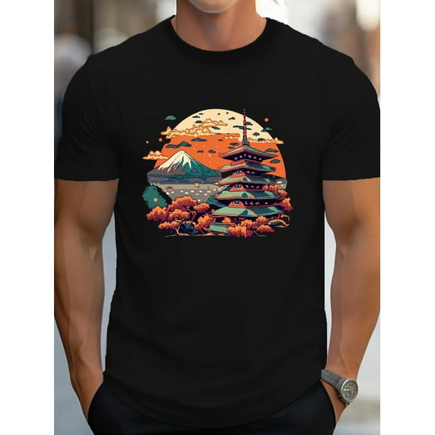 Camiseta de algodón con paisaje vintage: Camiseta de algodón puro G500 con paisaje japonés vintage para hombre - Ajuste cómodo
