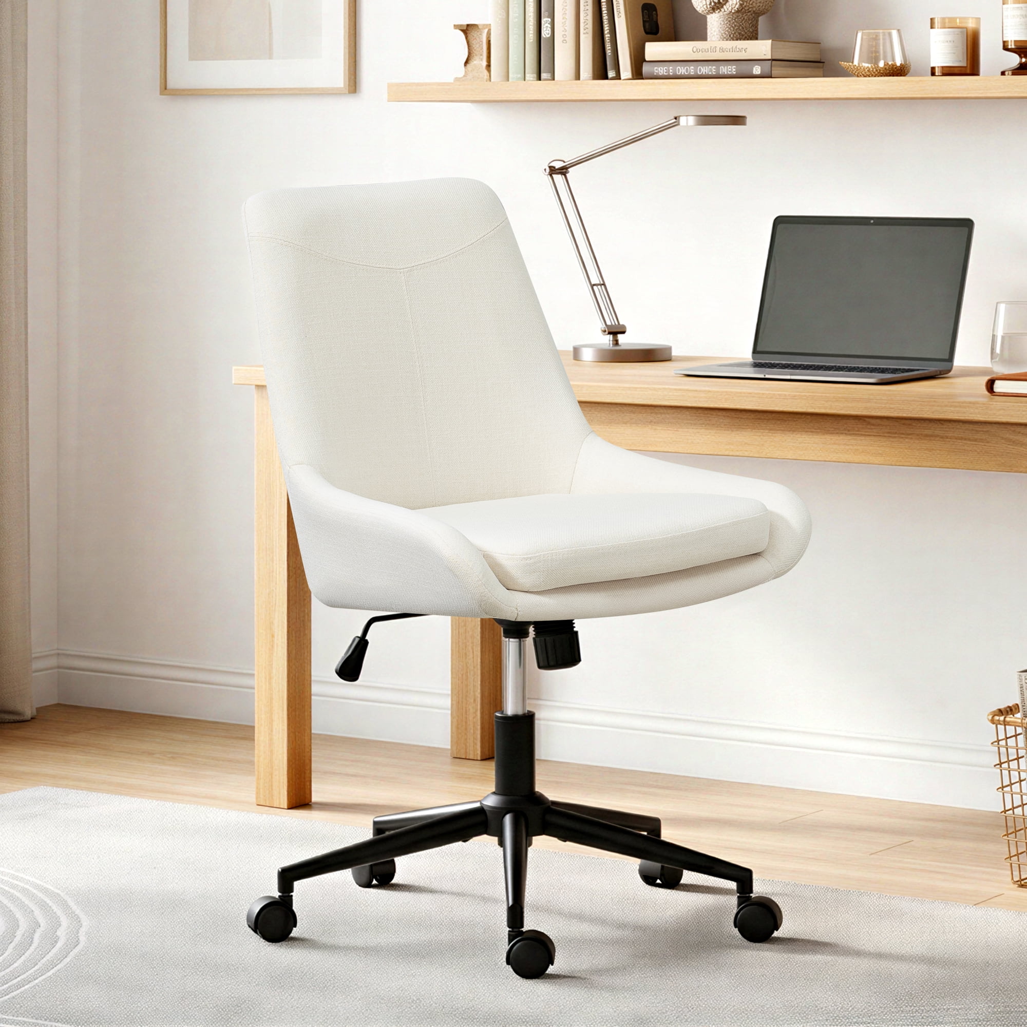 Armless Desk Chair with Wheels, Adjustable Swivel Fabric Makeup Chair, Comfortable Home Office Task Computer Chair, Beige