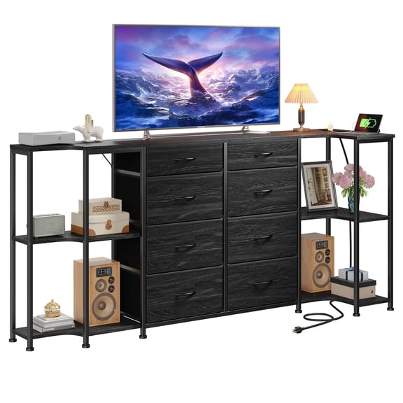 EnHomee 3-in-1 Configurable Dresser for Bedroom with Charging Station, 8-Drawer TV Stand for 55/65/ 75 inch TVs, 5 Storage Shelves, for Gaming Room, Hallway, Bedroom, Black