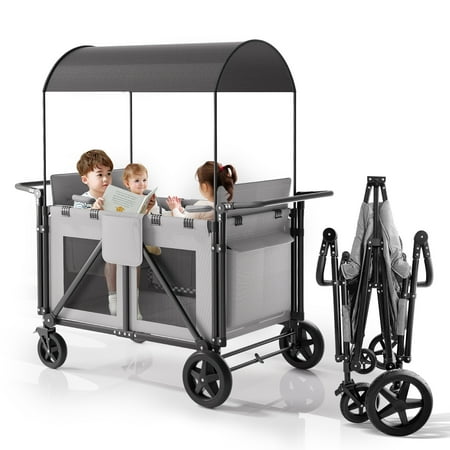 TABU Stroller Wagon for 4 Kids, Wagon Stroller with Canopy, 5-Point Harnesses,Storage,Gray