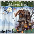 thumbnail image 1 of Whimsical Halloween Shower Curtain - Charming Spooky House & Goblin, 1 of 5
