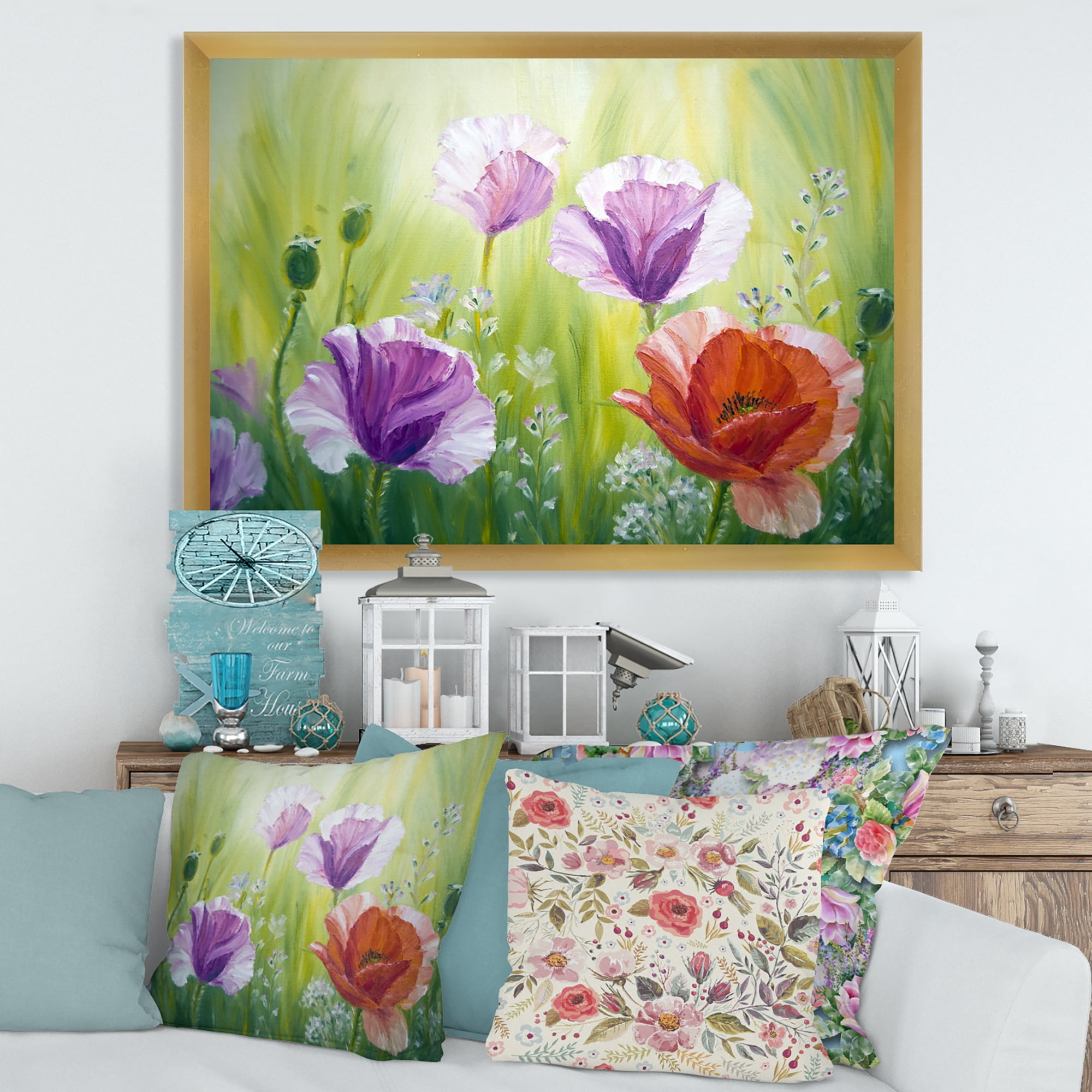 Designart 'Blossoming Red and Purple Poppies In The Morning II' Traditional Framed Art Print