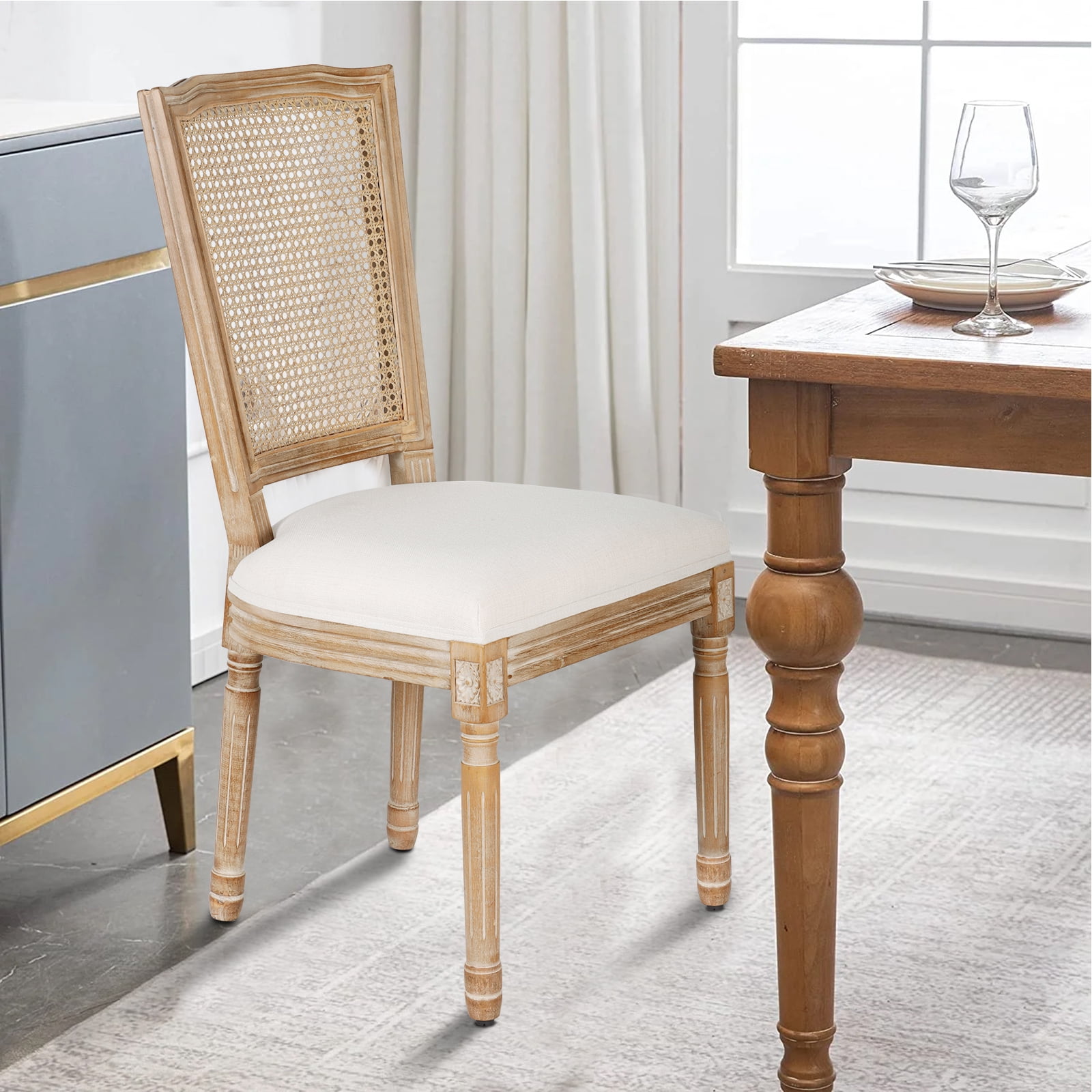 French Dining Chairs Set of 2 Beige Natural Fabric Square Back with Solid Wood Legs and Frame for Bedroom Dining Room Kitchen