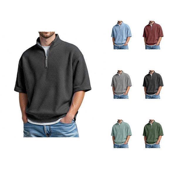 Waffle Polo Shirts for Men Summer Casual Fashion Short Sleeve Stand Collar Quarter Zip Pullover Plain Tshirts