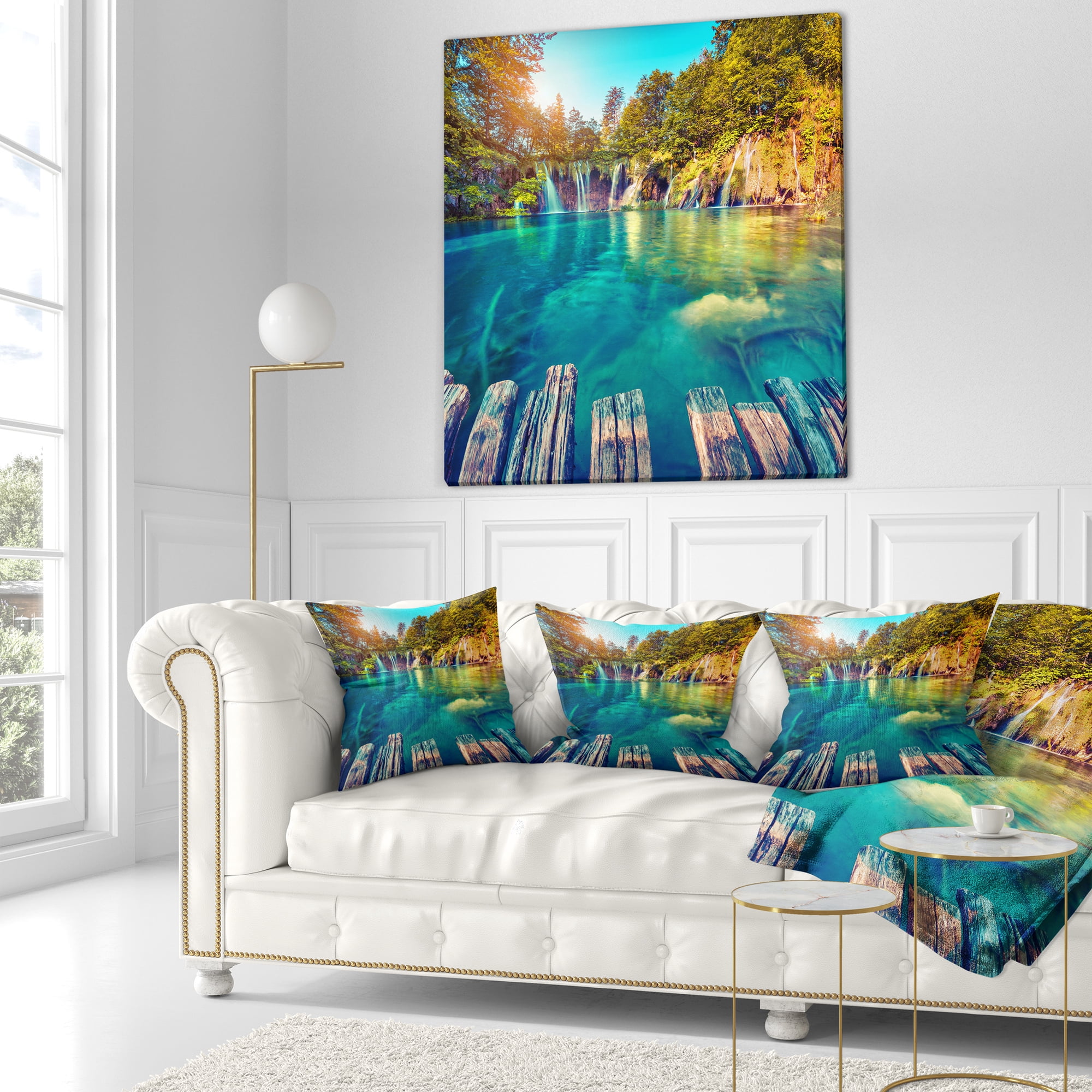 Designart Blue Waters in Plitvice Lakes - Landscape Photo Throw Pillow - 16x16