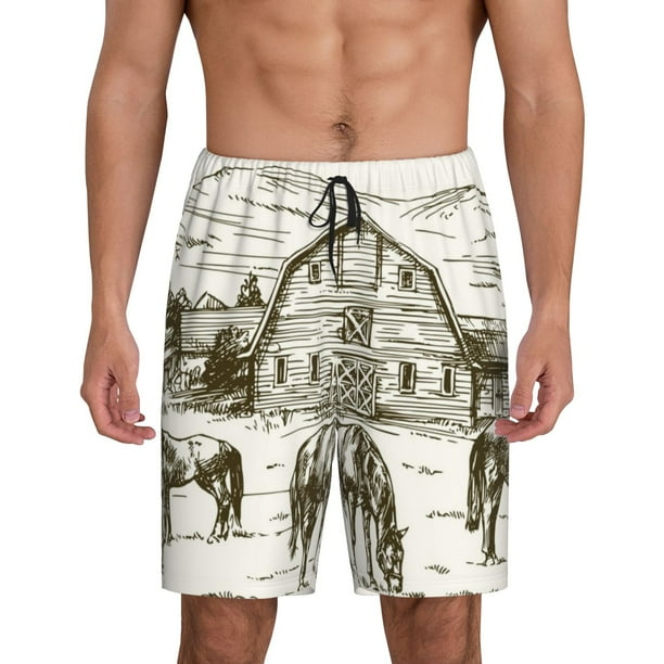 Fotbe Horses Grazing On Meadow Pantalones Cortos de Pijama para Hombre, Ropa de Dormir, Pantalones de Pijama Cortos para Hombre-Large
