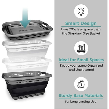Brookstone 11 Gallon Collapsible Plastic Laundry Basket, Portable Pop-up Hamper, Foldable Storage Container, Washing Tub, Dark Gray