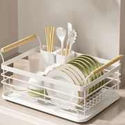 Uyoyous Compact Dish Drying Rack, Kitchen Storage Organizer with Wooden Handle, Utensil Drainer, Cup Holder
