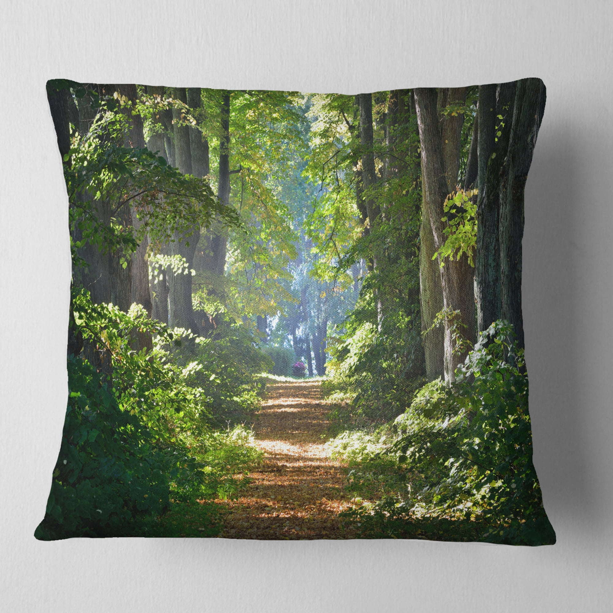 Designart Bright Green Forest in Morning - Landscape Photography Throw Pillow - 18x18