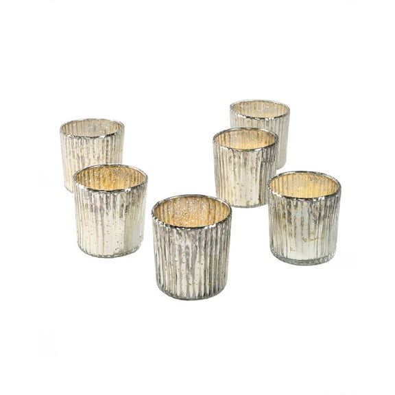 Serene Spaces Living Set of 6 Silver Ribbed Votive Candle Holders, Glass Finish