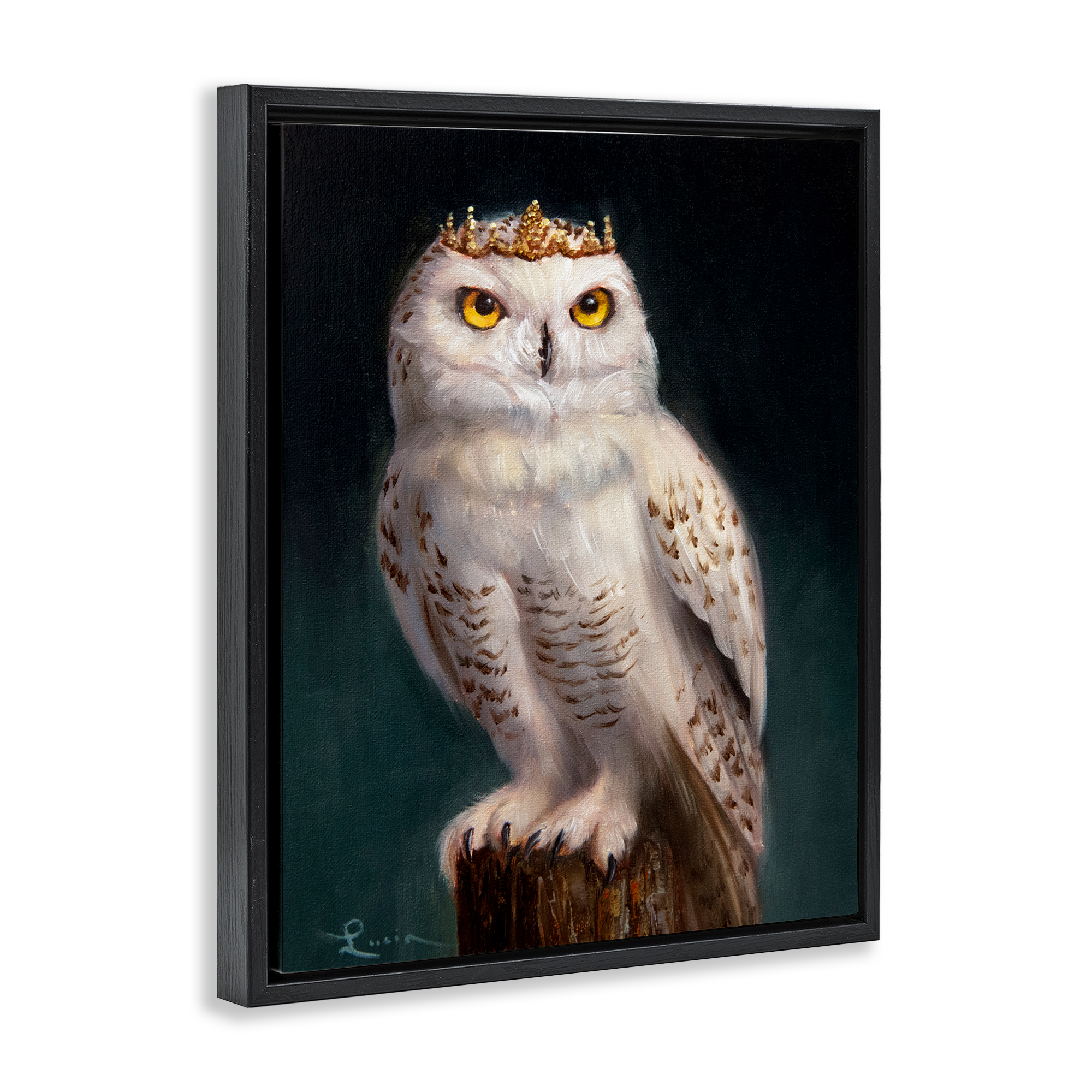 Snowy Owl King Black Framed Floater Canvas Wall Art, design by Lucia Heffernan
