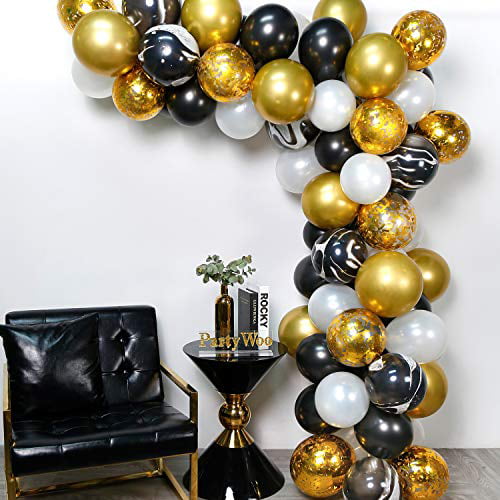 PuTwo Balloons Pack of 70pcs Latex Balloons Confetti Balloons Chrome Balloons Party Balloons for Birthday Party New Year Black Gold Party Gatsby Party Hollywood Party Black & White & Gold & Marble 