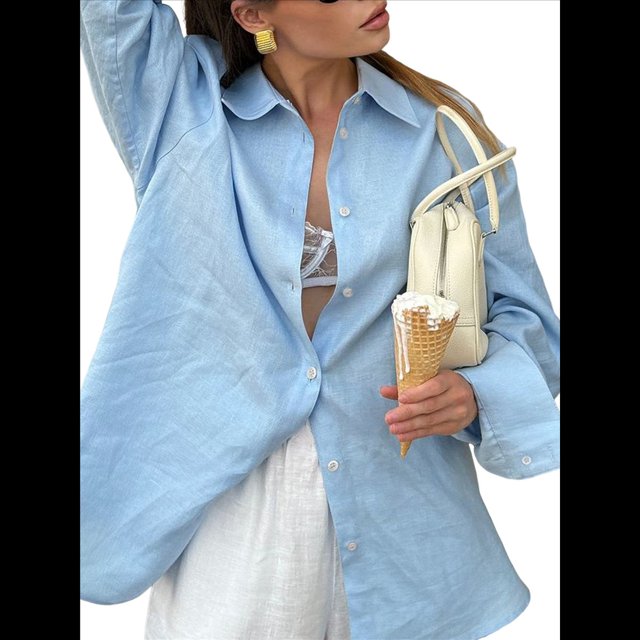Camisa de Botones para Mujer 100% Algodón Azul M