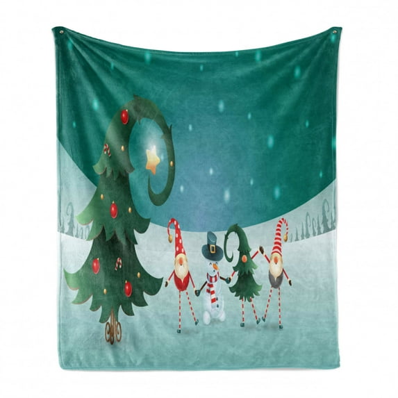 Elf Soft Flannel Fleece Throw Blanket, Friendly Holiday Celebration Theme Winter Scene Christmas with Funky Gnomes, Cozy Plush for Indoor and Outdoor Use, 50" x 60", Teal and Multicolor, by Ambesonne