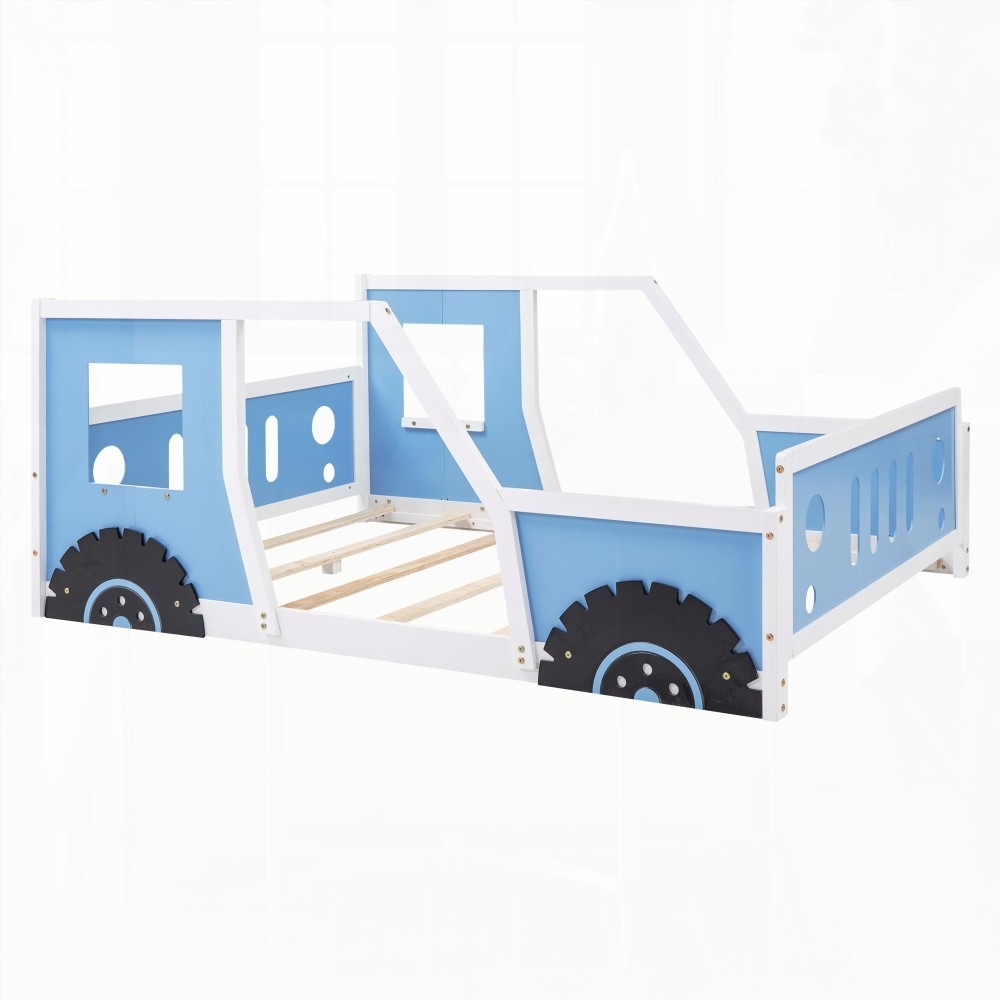 Full Size Blue Classic Car-Shaped Platform Bed with Wheels and Sturdy Pine Wood+MDF Frame