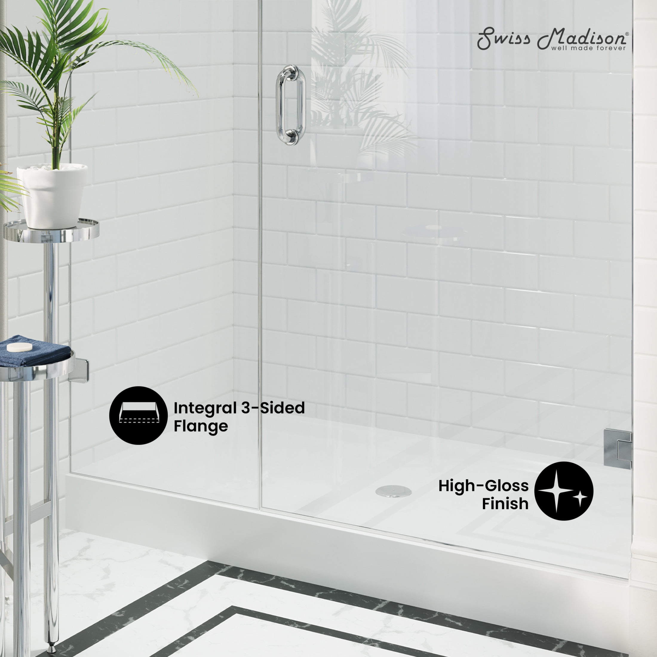 Voltaire 60" x 32" Acrylic White, Single-Threshold, Center Drain, Shower Base