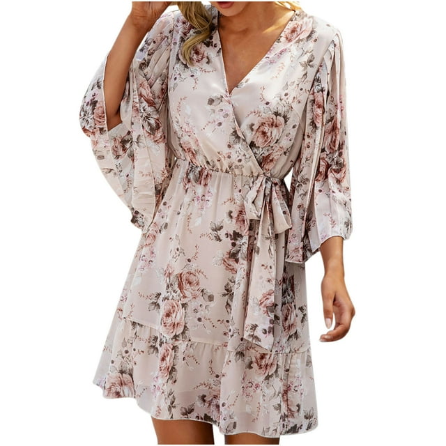 Robes Décontractées Aqestyerly Mode Femme Imprimé Floral Manches Longues Col en V Robe d'Été Décontractée
