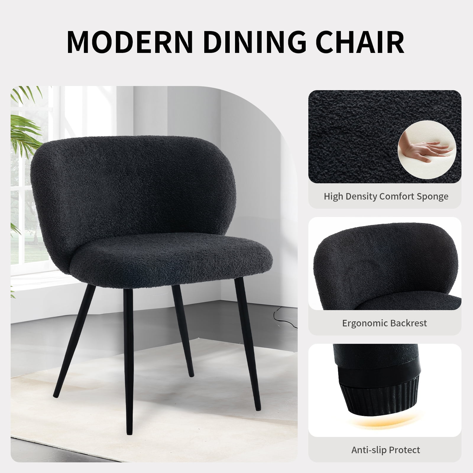 Rongbuk Modern Teddy Dining Chairs Set of 2, Comfy Kitchen Armless Chairs with Thick Cushions, Wingback Chair, Upholstered Dining Room Chairs with Metal Legs for Dining Room, Living Room, Black