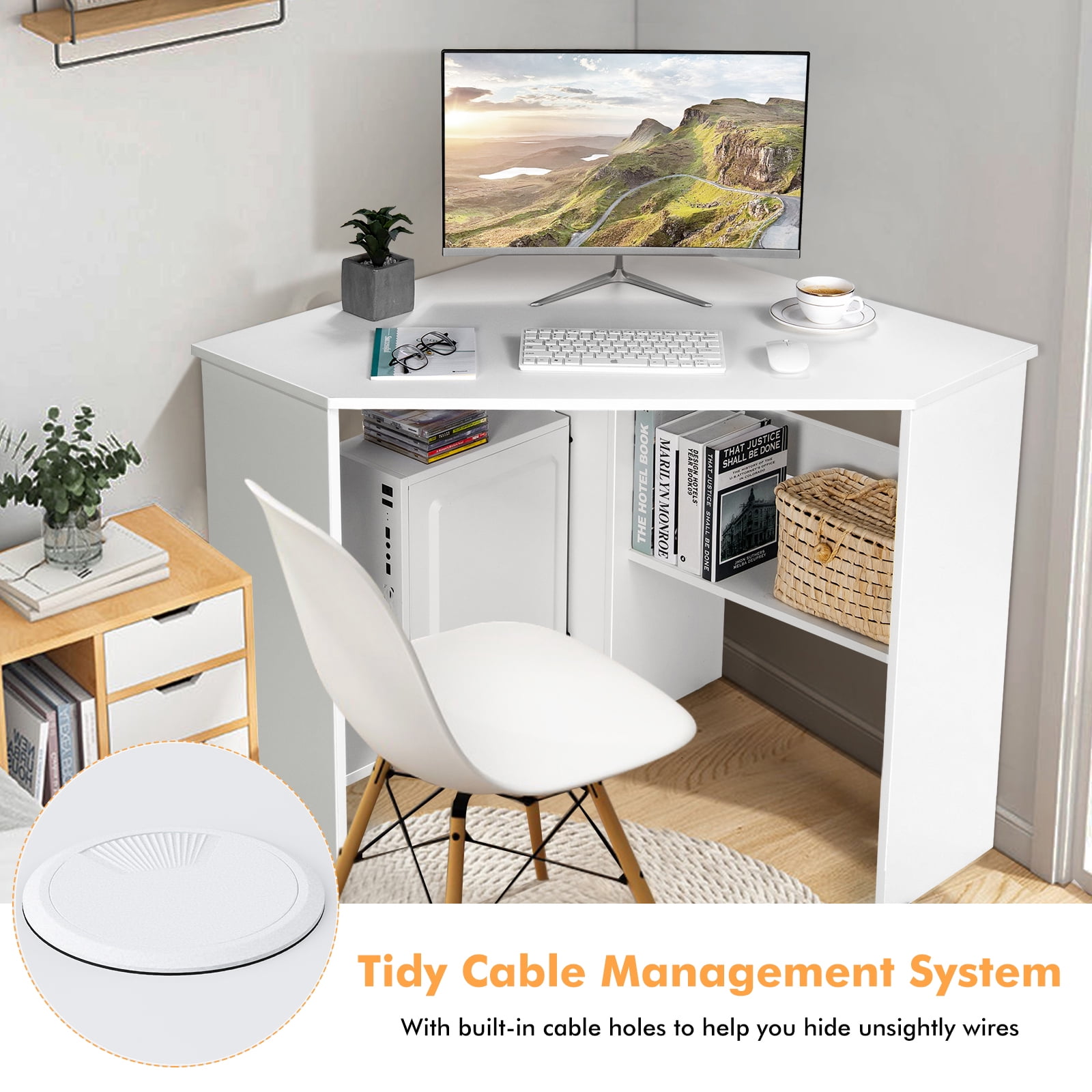 Costway Space-Saving Corner Computer Desk with 2 Cable Management Holes & CPU Stand White