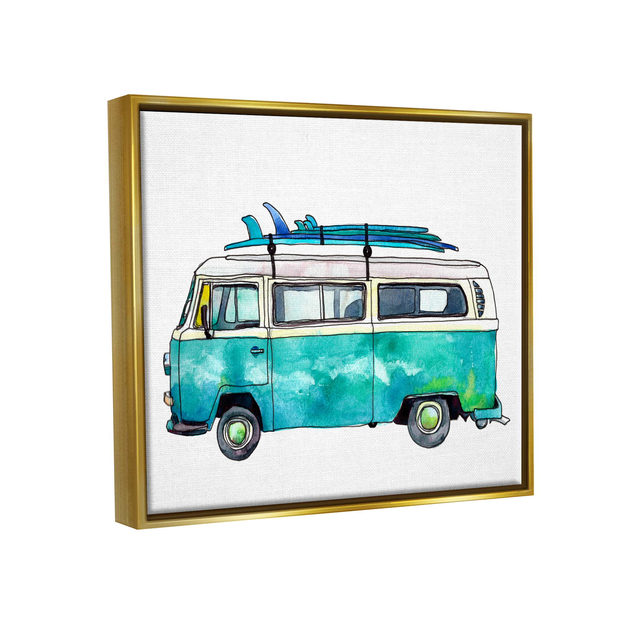 Stupell Summer Vacation Surfboard Van Landscape Painting Gold Floater Framed Art Print Wall Art
