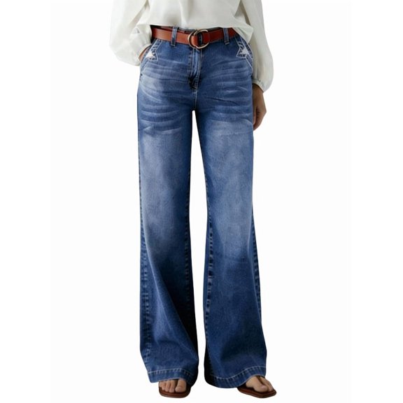 Wide Leg Jeans for Women Mid Waist Baggy Decor Denim Washed Pants Blue L
