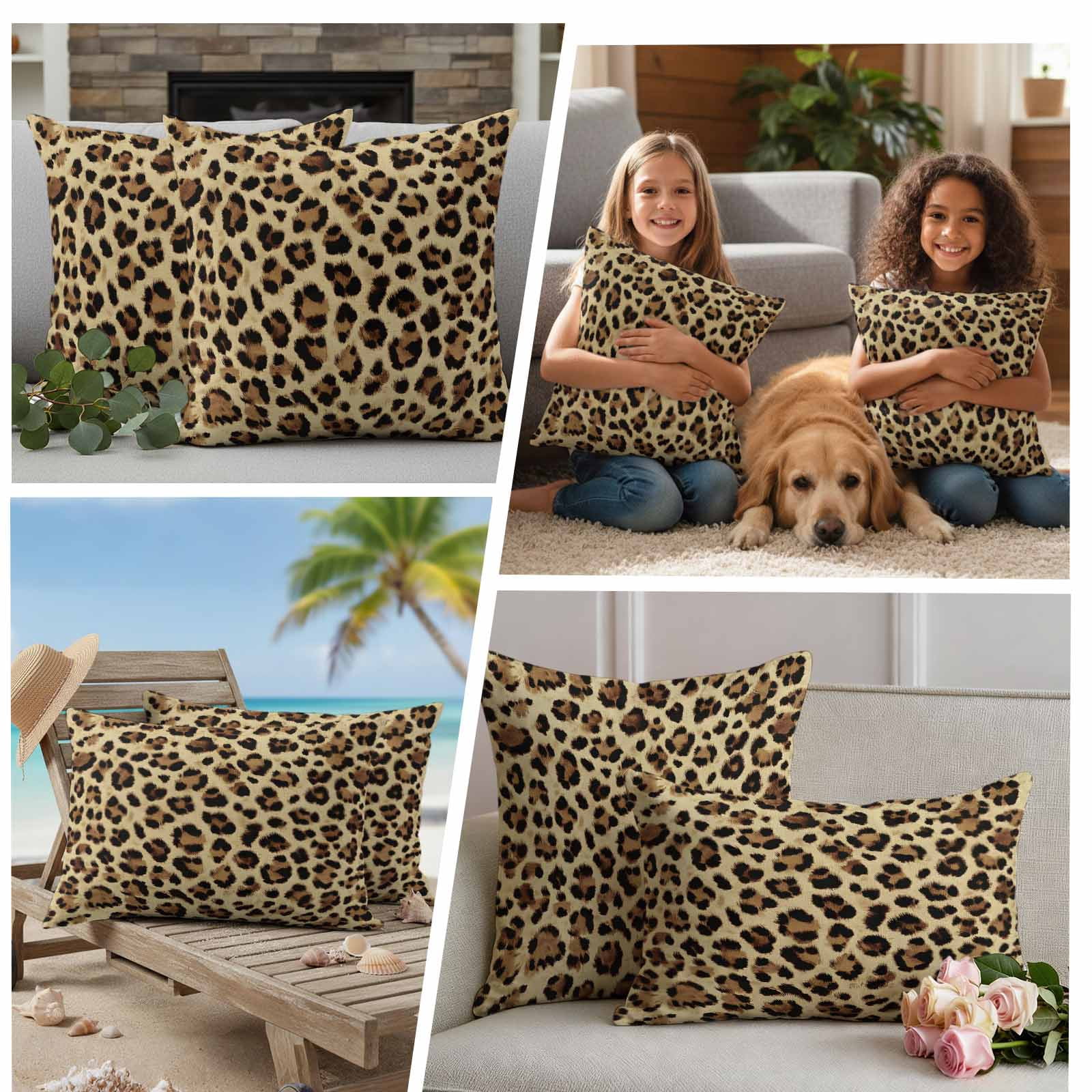 Leopard Outdoor Waterproof Pillow Covers, Farmhouse Brown Animals Art Modern Decorative Square Throw Pillowcase Sofa Cushion Sham for Patio/Couch/Chair, 18"x18" 2 Pack