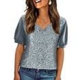 thumbnail image 3 of Laqbezok Women V-Neck Sequin Sparkly Velvet Short Puff Sleeve Party Top Fashion Sparkle Outfit, 3 of 6