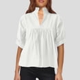 thumbnail image 2 of Blusa de cuello alto lisa para mujer - Top plisado con mangas cortas abullonadas, poliéster, tallas S-XL, 2 of 5