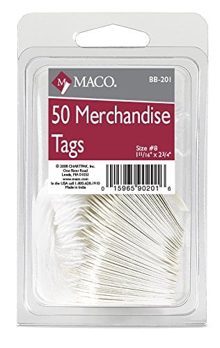 MACO White Strung Merchandise Tags, #8 - 1-11/16 x 2-3/4 Inches, 50 Per Pack (BB-201)