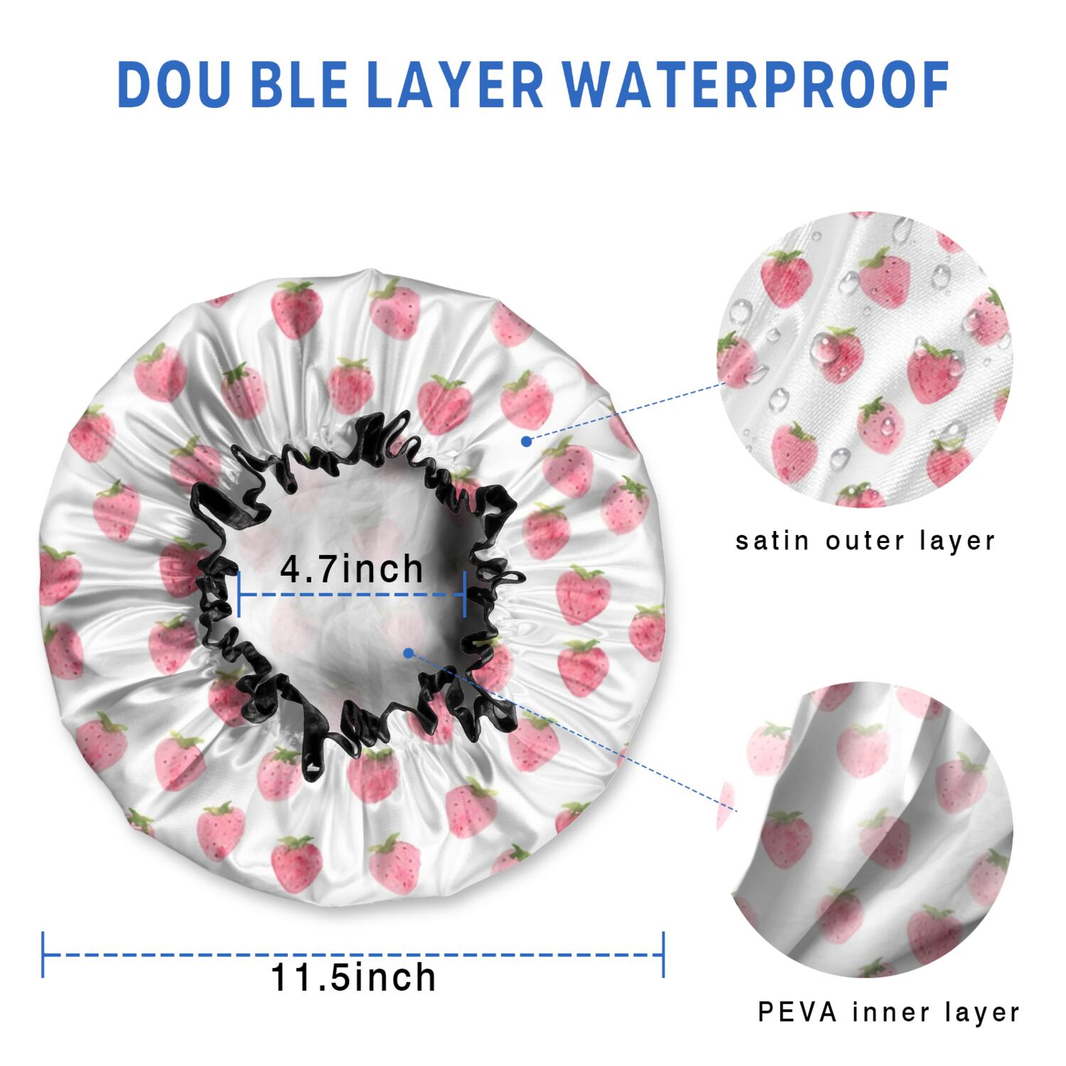Shower Caps,Red Strawberry Plants Fruit Pink Pattern Waterproof Shower Cap for Women 4 Pieces,Double Reusable Hair Cover for Shower PEVA Elastic Stretch Hem