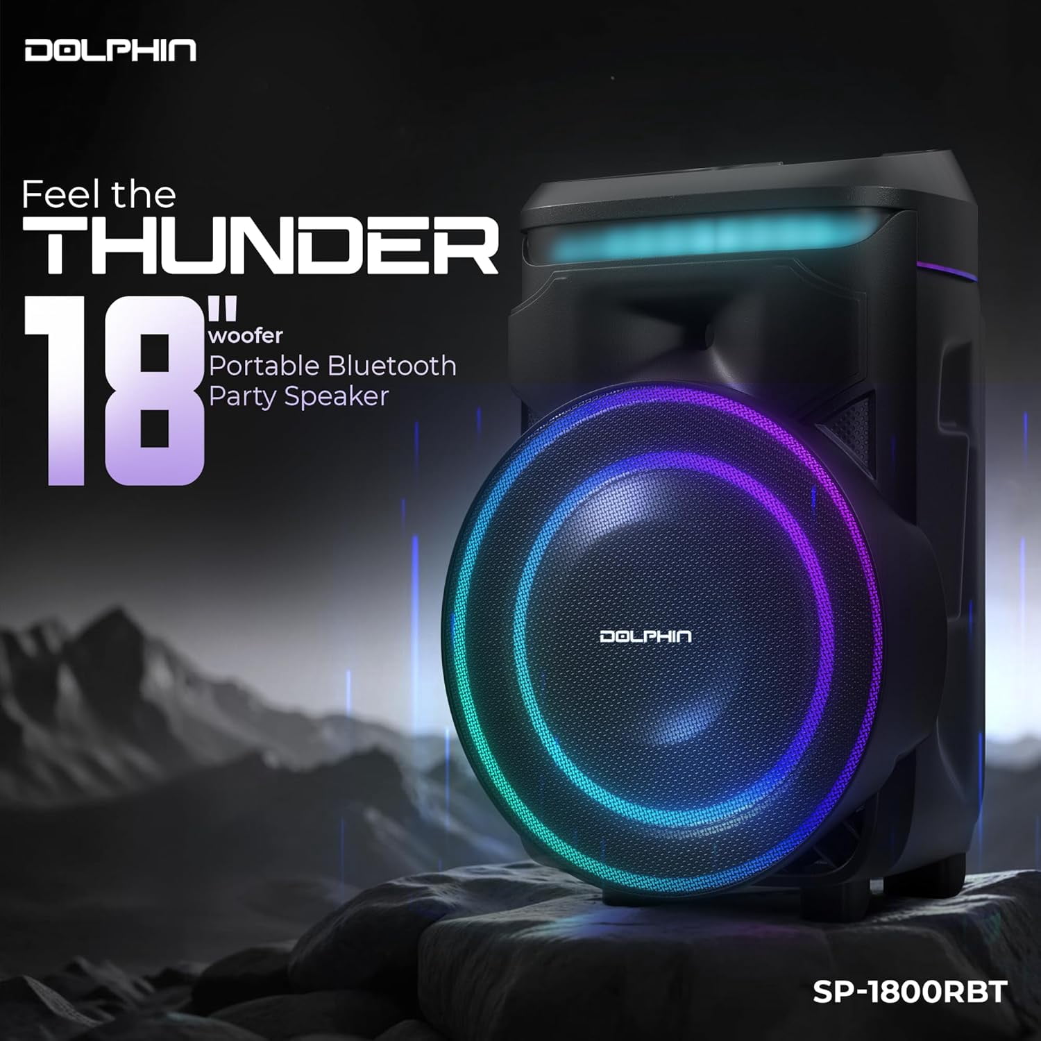 Dolphin SP-1800RBT 18" Portable Bluetooth Party Speaker – 100W RMS, Powerful 18" Woofer, LED Lights, WaveSync™, X-Bass, Rechargeable Battery, Bluetooth 5.1, 21" Tall – Perfect for Parties