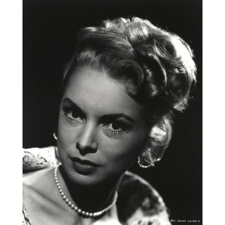 Janet Leigh Posed in White Silk V-Neck Shoulder Dress with Pearl Necklace and Earrings Photo