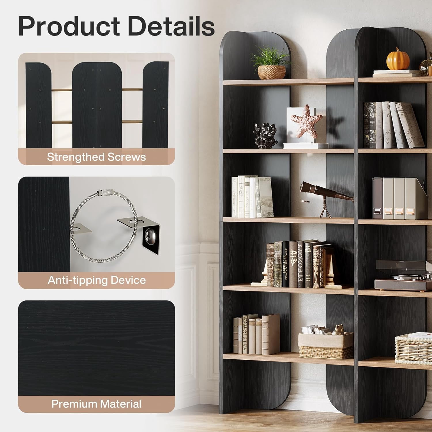 Tribesigns 5-Tier Farmhouse Bookshelf, 70.87-Inch Tall Double Wide Bookcase with Open Shelves