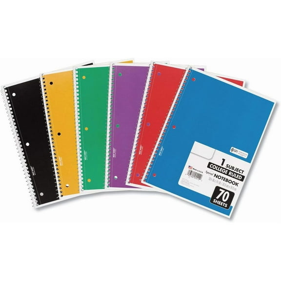 Spiral Notebooks, 1 Subject, College Ruled Paper, 7-1/2" x 10-1/2", 70 Sheets per Notebook, Color Will Vary