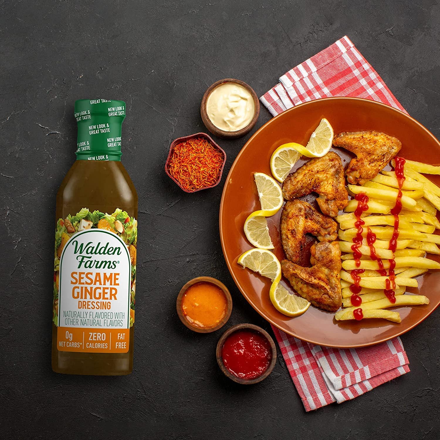 (6 pack) Walden Farms Sesame Ginger Dressing, 12 oz. Bottle, Fresh and Delicious Salad Topping, Sugar Free 0g Net Carbs Condiment, Sweet and Tangy