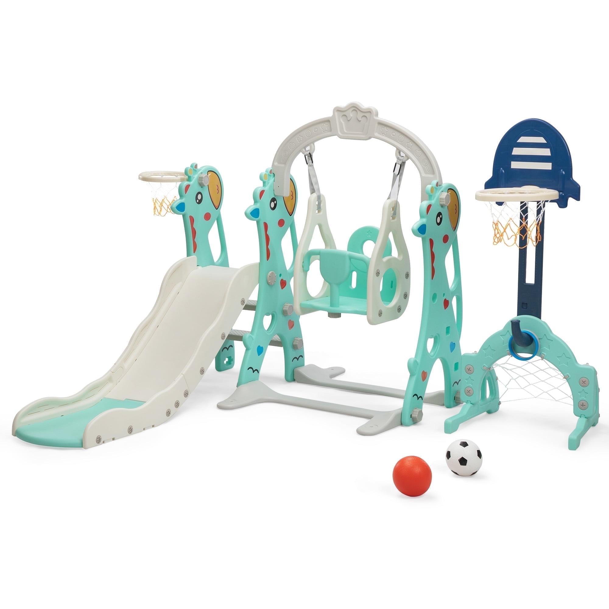 TOBBI 6 in 1 Toddler Slide Climber and Swing Playset with Basketball Hoop,Freestanding Indoor Outdoor Backyard Slide for Kids age 1-8