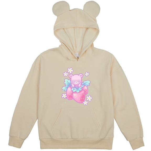 Strawberry Bear Youth Off-White Long Sleeve Hooded Sweatshirt With 3D Ears-Medium