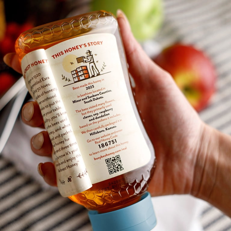 Busy Bee Raw USA Honey, 100% Traceable, 16 oz Squeeze Bottle, Peel